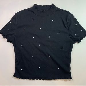 shein black mock neck crop top with pearls